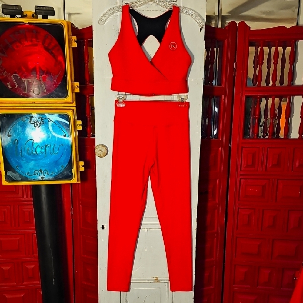 Joie In Life Orange V-Neck Sports Bra & Ruched Leggings Workout Set Size Large